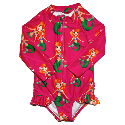 Splashy Tots Pink baby girl swimwear - Girls one piece mermaid pattern swimsuit - Product photo